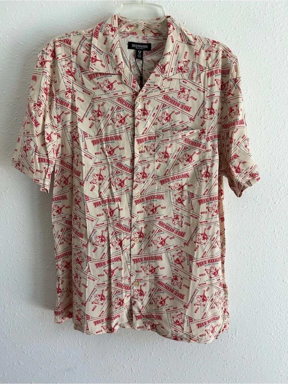 True Religion Button Up Shirt Men's Size S Beige Resort Print Resortwear Buddha